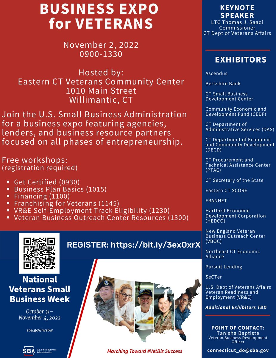 ConnDAS's tweet photo. Get ready for the @SBAgov CT Business Expo for #Veterans join 🇺🇸 Nov. 2nd! Celebrating National Veterans Small Business #NVSB Week, in partnership with the Eastern CT Veterans Community Center. Register here: https://t.co/jZrqAMQjU8 .
@CTVetsAffairs @_seCTer @pursuit_lending https://t.co/zWNc84z8OP