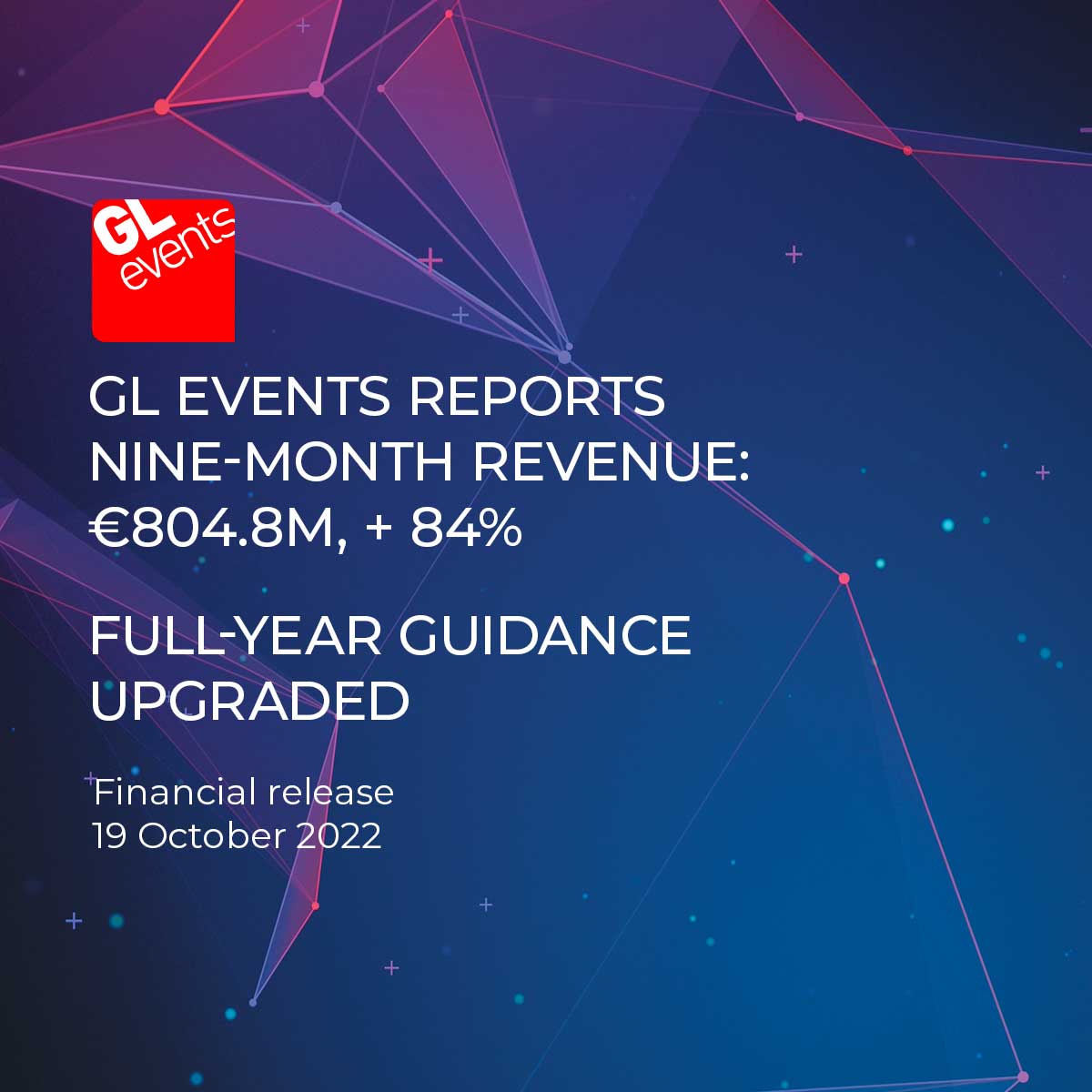 GLevents's tweet photo. GL events reports nine-month revenue: €804.8M, + 84% - Full-year guidance upgraded.
Latest financial press release 👉 https://t.co/nEHlbHZCew
#GLevents #revenue #financialrelease https://t.co/kIkspLt6lw