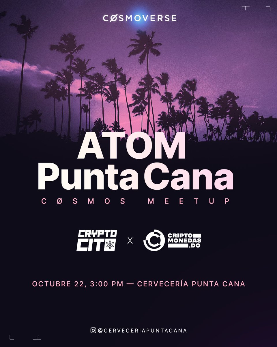 We’re in Dominican Republic 🫡

$ATOM Punta Cana Meetup 
📍Cervecería Punta Cana
⏰ October 22 at 3 PM

Anyone interested to talk Cosmos or Crypto you’re more than welcome to join!
