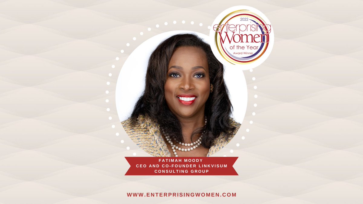 Congratulations to 2022 Enterprising Women of the Year Award winner Fatimah Moody, Founder, and CEO and Founder of LinkVisum Consulting Group

Read more ➡️ enterprisingwomen.com

#enterprisingwomen #ewawards2022 #FatimahMoody #LinkVisumConsultingGroup
