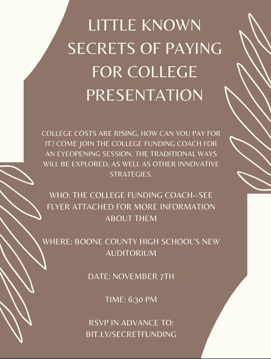 hs_ysc's tweet photo. Still looking for ways to pay for college? We have National College Funding Coach coming to Boone County Schools! Check out the flyers and get registered today!!! November 7th @BCHS_Rebels1955 in the New Auditorium!!! https://t.co/v9omdtbHjN