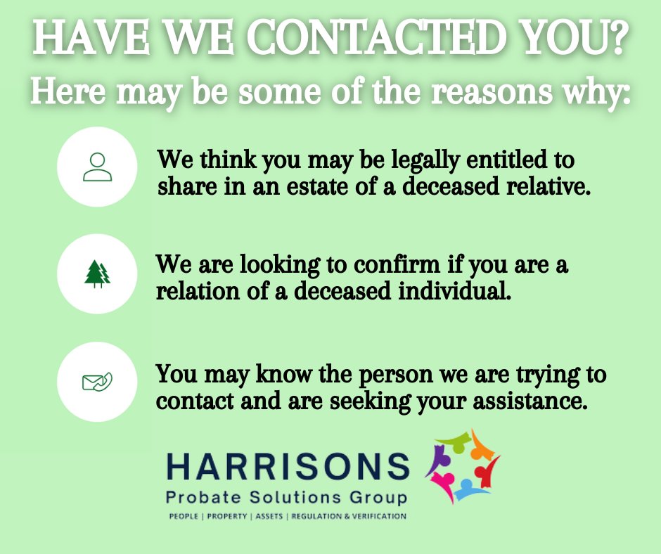 HRProbate's tweet photo. If someone from @HRProbate has been in touch, it is likely because we think you are related to someone who has died without leaving a known valid will or next of kin.

#property #heir #heirhunters #genealogy #probate #locatenextofkin #deceasedassets #findawill #missingwillsearch https://t.co/8ElefNzJsV