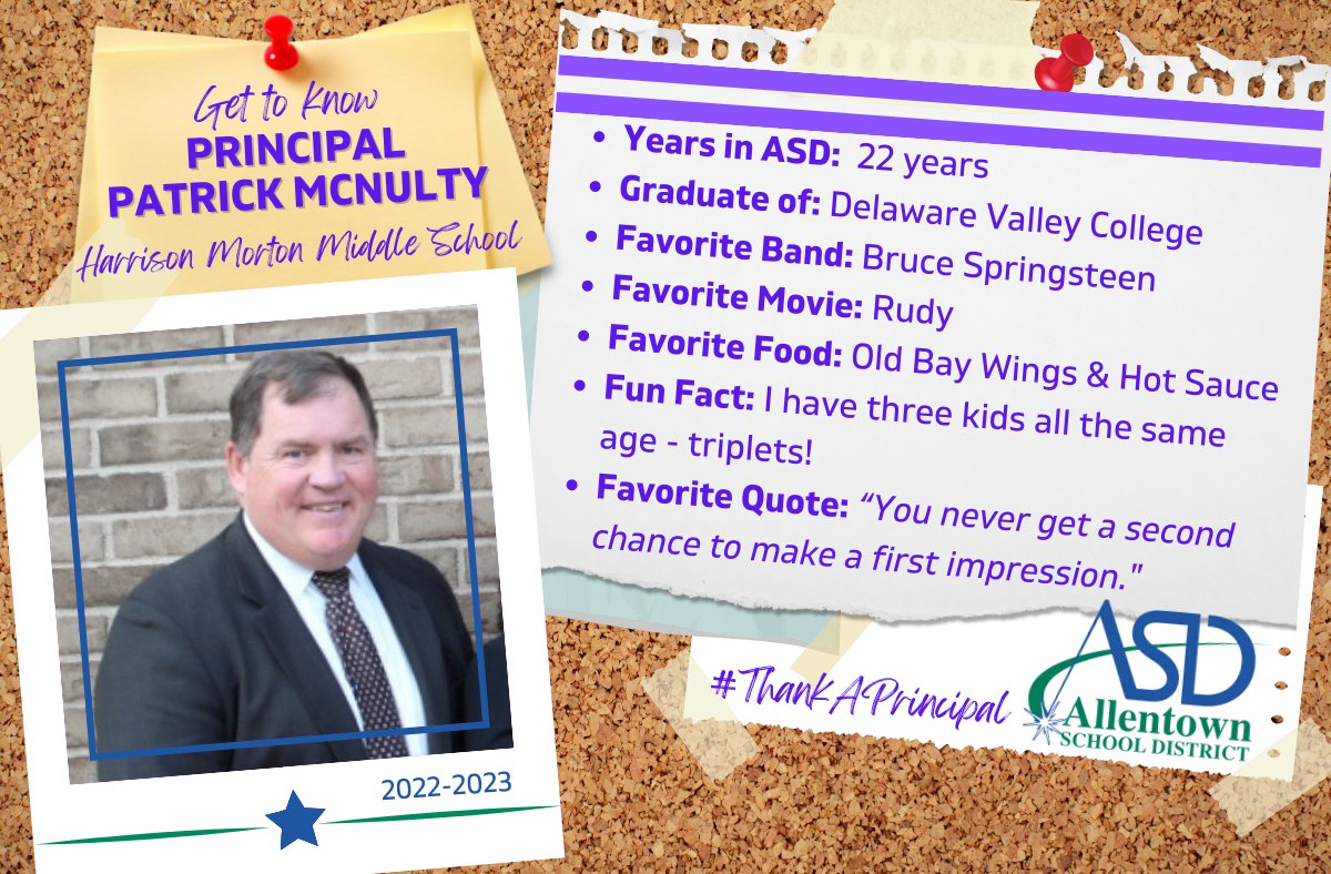 AllentownSD's tweet photo. A longtime leader in ASD, let's give Mr. McNulty a big shout-out for all he does for @asdhmms staff, students and families! #NationalPrincpalsMonth 💜 https://t.co/PR4HFTOqlF