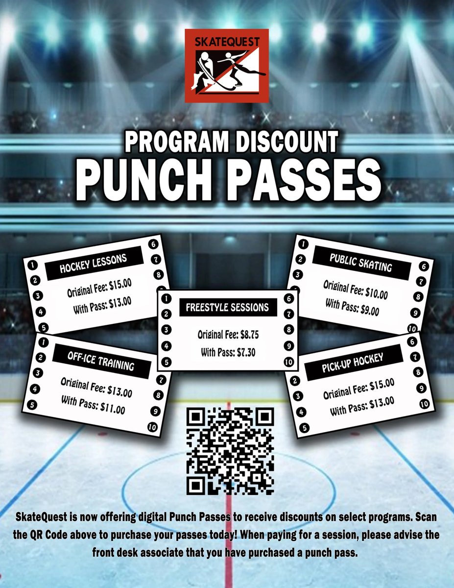 SkateQuest is offering digital Punch Passes to receive discounts on select programs! Scan the QR Code to purchase your passes today!