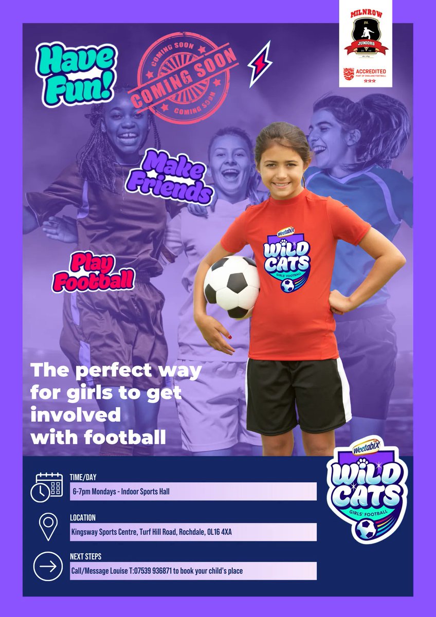 ‼️𝗡𝗘𝗪 𝗚𝗜𝗥𝗟𝗦 𝗢𝗡𝗟𝗬 𝗙𝗢𝗢𝗧𝗕𝗔𝗟𝗟 𝗦𝗘𝗦𝗦𝗜𝗢𝗡/𝗧𝗘𝗔𝗠𝗦 (𝗦𝗖𝗛𝗢𝗢𝗟 𝗬𝗘𝗔𝗥𝗦 𝟰&amp;𝟱)‼️  
Do you have a family member or friend that may be interested? ⚽️🏃 ‍
📆 𝗘𝗩𝗘𝗥𝗬 𝗠𝗢𝗡 𝟲-𝟳𝗣𝗠 
🏟 𝗞𝗜𝗡𝗚𝗦𝗪𝗔𝗬 𝗦𝗣𝗢𝗥𝗧𝗦 𝗖𝗘𝗡𝗧𝗥𝗘, 𝗥𝗢𝗖𝗛𝗗𝗔𝗟𝗘