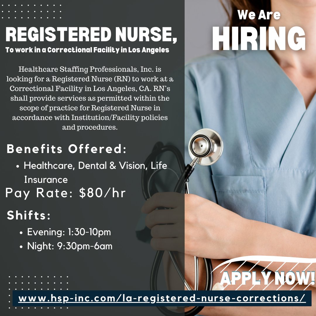 HSP_Inc's tweet photo. Registered Nurses in LA📢 Check out this new opportunity to work in Los Angeles! This position offers great benefits and a competitive pay rate. Call us today: 866-975-3968
#registerednurses #registerednurse #nursingjobs #lanurses #losangelesrns #downtownlosangelesjobs https://t.co/vvCpF4UoyH