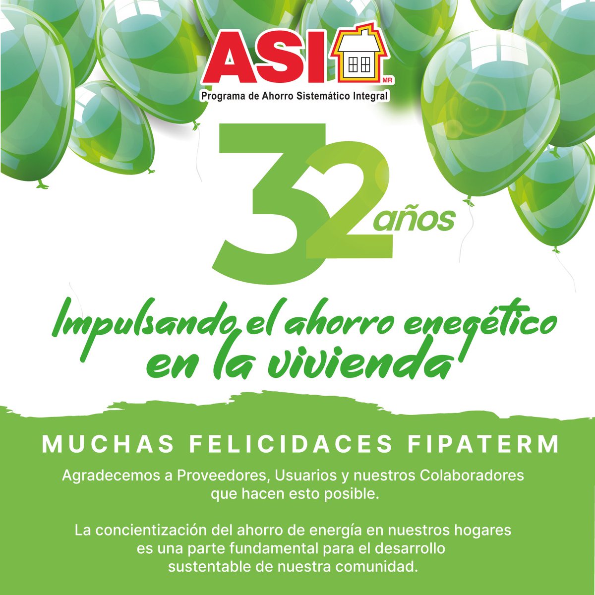Programa_ASI's tweet photo. El FIPATERM cumple 32 años impulsando el ahorro energético en las viviendas mexicanas. 🎉¡¡Muchas Felicidades!!🎉 
Agradecemos a Proveedores, Usuarios y Colaboradores por fomentar el ahorro de energía eléctrica para un desarrollo sustentable de nuestra comunidad.
Muchas gracias!! https://t.co/v1C0fGSXVG