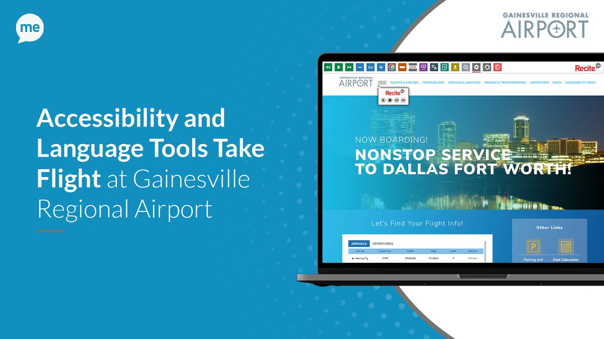ReciteMe_US's tweet photo. The Recite Me assistive toolbar is live on the @GNVAirport website! ✈️ 

Located in sunny Florida, Gainesville Regional Airport, partnered with Recite Me to better support travelers. 

See the #AssistiveTechnology toolbar in action: https://t.co/yZWLVg2Vjb

#AccessibleTravel https://t.co/9IGt568gB3
