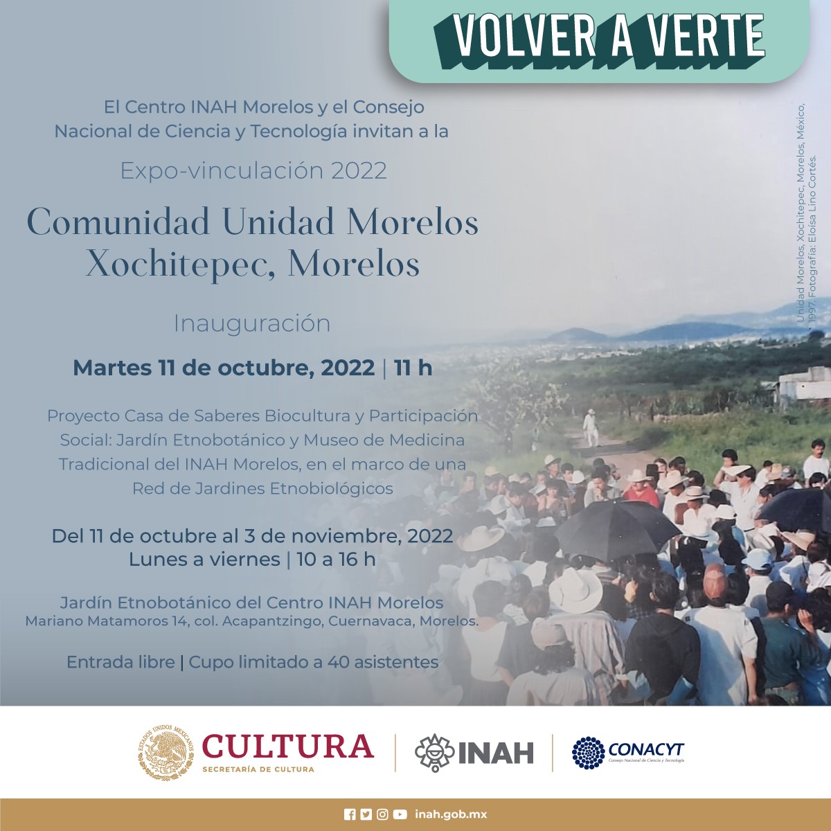 El Centro INAH Morelos te invita a la Expo-vinculación 2022. 📌𝘾𝙤𝙢𝙪𝙣𝙞𝙙𝙖𝙙 𝙐𝙣𝙞𝙙𝙖𝙙 𝙈𝙤𝙧𝙚𝙡𝙤𝙨 𝙓𝙤𝙘𝙝𝙞𝙩𝙚𝙥𝙚𝙘, 𝙈𝙤𝙧𝙚𝙡𝙤𝙨 📆Hasta el 3 de noviembre 🕑10-16 h 📍Jardín Etnobotánico del Centro INAH Morelos #VolverAVerte #INAHVirtual