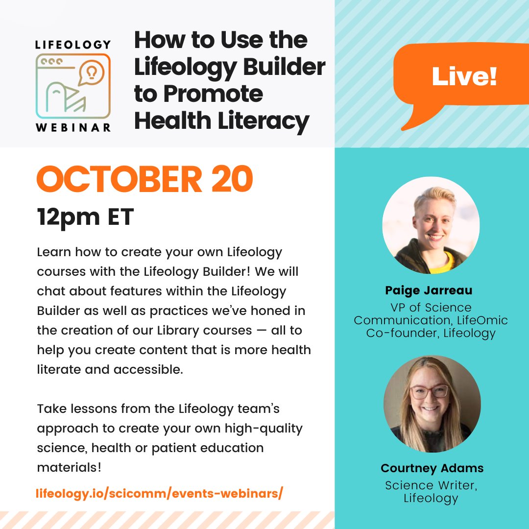 Lifeology (@lifeologyapp) on Twitter photo What? A webinar! Learn more about using the Lifeology Builder to create your own courses.
Who? YOU! and <a href="/FromTheLabBench/">Dr. Paige Jarreau</a> and <a href="/ctayadams/">Courtney Gorman</a>
When? Oct 20 at 12pm ET
Where? Register here: ow.ly/m8wr50KRJQ3
Hope to see you there! #HealthLiteracyMonth #SciComm What? A webinar! Learn more about using the Lifeology Builder to create your own courses.
Who? YOU! and <a href="/FromTheLabBench/">Dr. Paige Jarreau</a> and <a href="/ctayadams/">Courtney Gorman</a>
When? Oct 20 at 12pm ET
Where? Register here: ow.ly/m8wr50KRJQ3
Hope to see you there! #HealthLiteracyMonth #SciComm