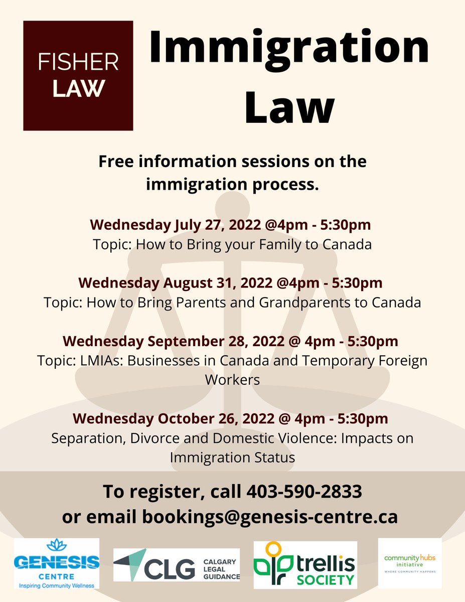 _GenesisCentre's tweet photo. Fisher Law will be hosting an informational seminar focused on "Separation, Divorcer and Domestic Violence: Impacts on Immigration Status" on October 26th from 4-5:30pm at Genesis Centre for anyone who'd like to attend. Register: 403-590-2833 #yyc #yycprograms https://t.co/Sa1I2TccsC