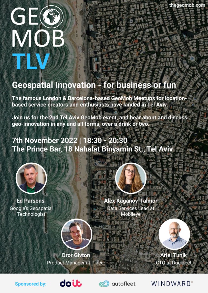 Geomob TLV (@geomobtlv) on Twitter photo The 2nd Geomob TLV Meetup!
Join us to hear exciting short talks on innovative geospatial & meet geo-location geeks over a drink.
7/11/22 18:30, Prince Bar, TLV
Register here: eventbrite.co.uk/e/geomob-tlv-tā¦
Thanks to our sponsors @Doit, @Autofleet ,<a href="/Windward/">Windward | Tina Marker</a>
#geospatial #meetup #GIS The 2nd Geomob TLV Meetup!
Join us to hear exciting short talks on innovative geospatial & meet geo-location geeks over a drink.
7/11/22 18:30, Prince Bar, TLV
Register here: eventbrite.co.uk/e/geomob-tlv-tā¦
Thanks to our sponsors @Doit, @Autofleet ,<a href="/Windward/">Windward | Tina Marker</a>
#geospatial #meetup #GIS