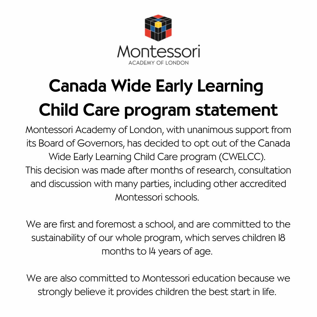 As noted in yesterday’s Parent newsletter, we thank our parents for their patience as school leadership explored the Canada Wide Early Learning Child Care program (“$10 per day daycare”). Our Toddler and Casa programs will continue to run as usual.