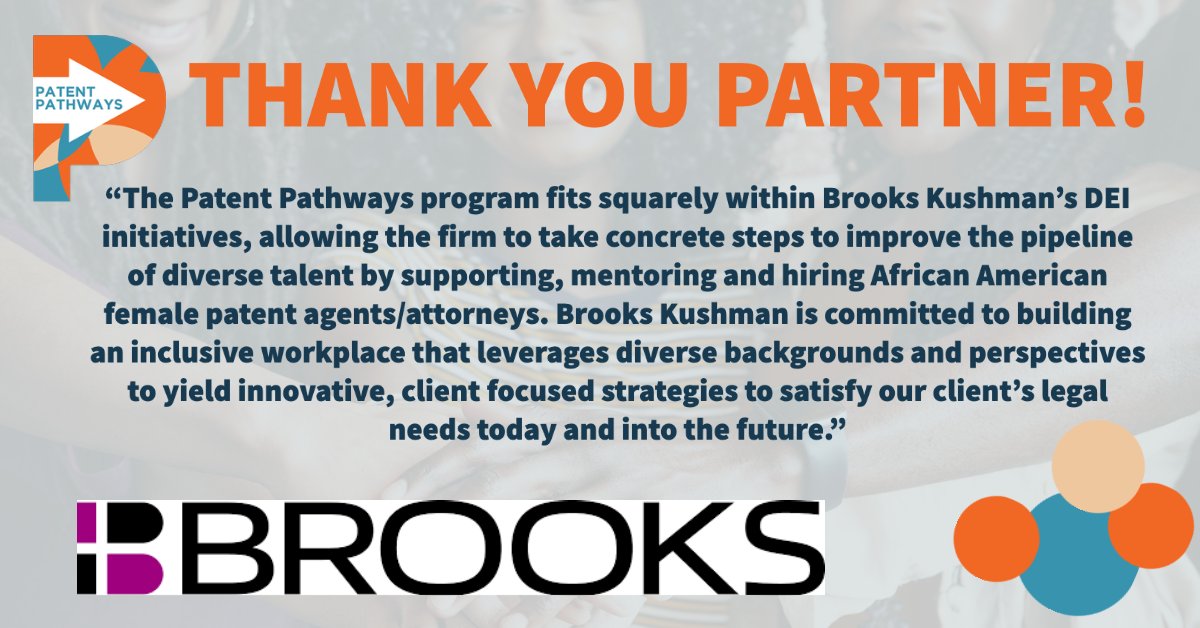 Shout out to #PatentPathways partner, <a href="/BrooksKushman/">Brooks Kushman</a> for their involvement in this revolutionary #diversity program. Want to get involved? Join our Mentor Network at harrityllp.com/harrity-mentor… or visit patentpathways.org today!

#DEI #inclusion #patents #diversityinip