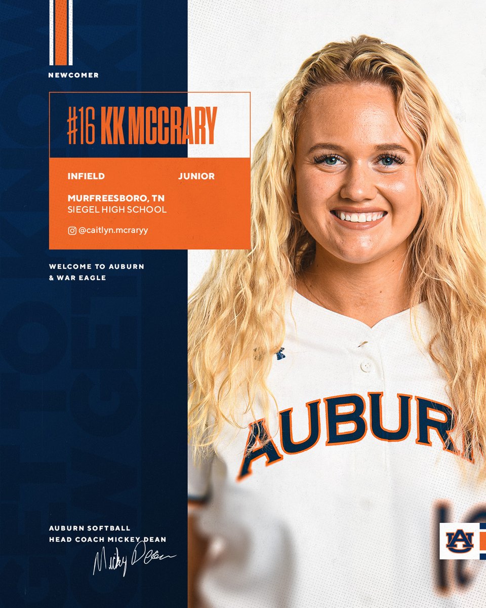 𝗡𝗘𝗪𝗖𝗢𝗠𝗘𝗥 𝗦𝗣𝗢𝗧𝗟𝗜𝗚𝗛𝗧 💡

𝘒𝘒 𝘔𝘤𝘊𝘳𝘢𝘳𝘺 
🏠 Murfreesboro, Tenn. 
🥎 Infielder 
⚔️ Titan Up  
📺 Avid Office watcher 

📰: auburntige.rs/3D7L4tx

#WarEagle | <a href="/MccraryCaitlyn/">caitlyn/kk mccrary</a>