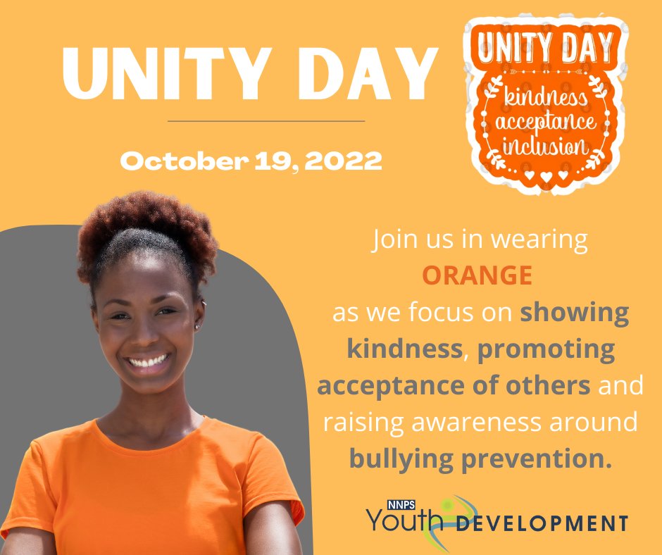 NNPSYouthDev's tweet photo. Today is Unity Day! Wear orange with us as we take a STAND to focus on kindness, acceptance and inclusion of others! #STANDNNPS https://t.co/F2CPZRW0du