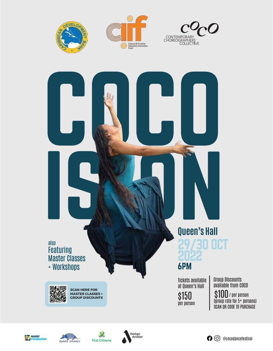 COCODanceFest's tweet photo. COCO IS ON!!!
We couldn’t be more excited 🤩. 

Tickets are now available for COCO Dance Festival 2022 at Queen's Hall, Port of Spain.

Click the link below for group discount.
https://t.co/rFlklNlC2i…

We can't wait to see you there!
#cocoison #cocodancefestival2022 https://t.co/Jq8trX6Qiq
