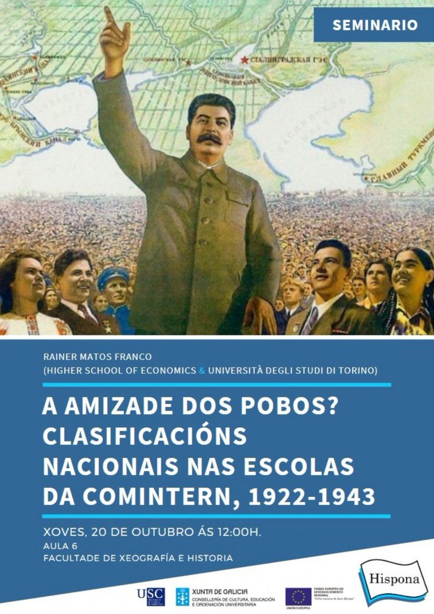 Si usted anda por Santiago de Compostela, o conoce a alguien que ande por acá, mañana jueves presentaré mi investigación sobre las clasificaciones nacionales en las escuelas de la Comintern en el seminario Hispona 😍

12:00 horas
Aula 6
<a href="/facultadeXH/">Facultade de Xeografía e Historia</a>
<a href="/UniversidadeUSC/">USC</a>