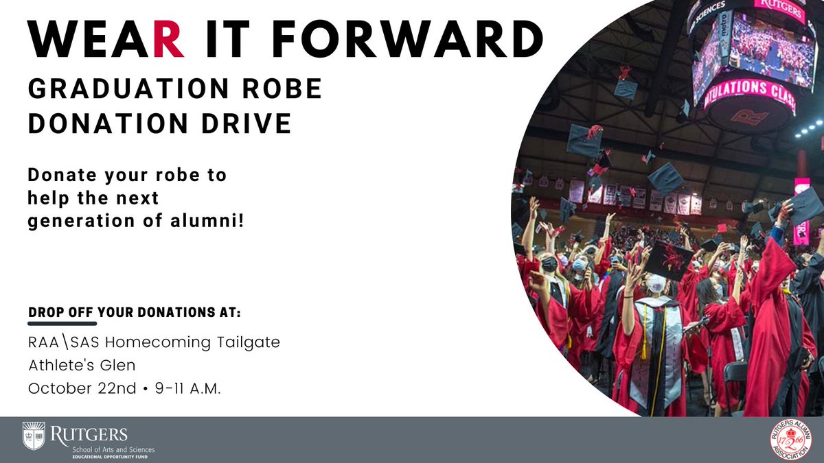 RAANewBrunswick's tweet photo. The RAA and @rusaseof are partnering to help #Rutgers students without available funds for graduations robes be able to walk proudly with their class. Coming to homecoming? Drop by the @RutgersSAS tailgate and help us kickstart this great program! 

https://t.co/fMtzSWWtw8 https://t.co/AULepPV92x