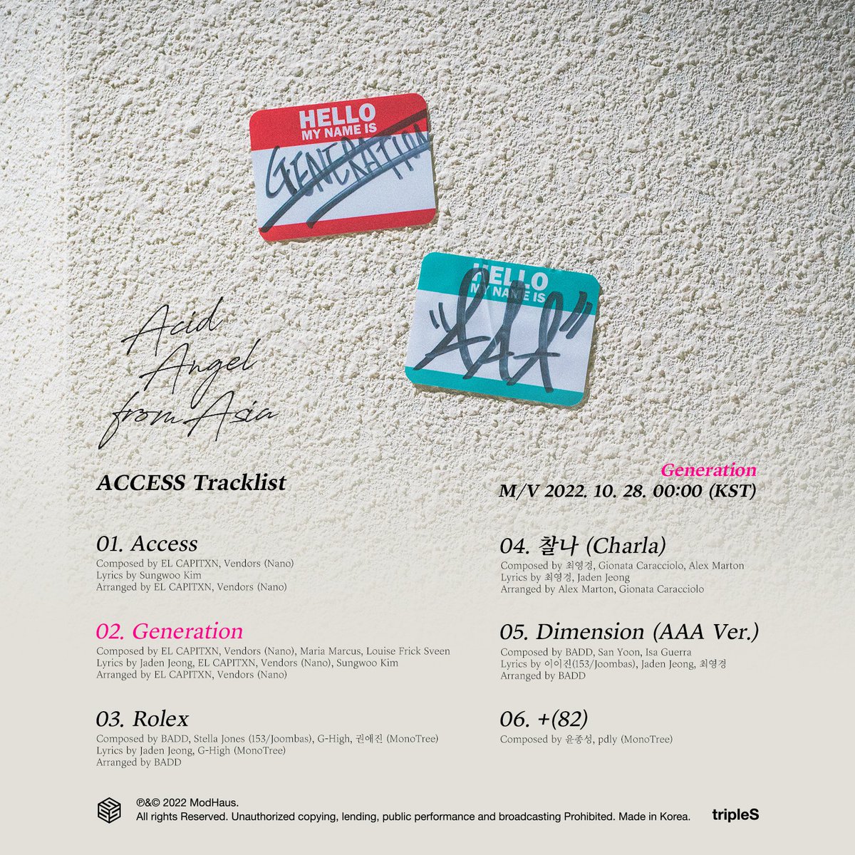 tripleSin24's tweet photo. [📍] INFORMACIÓN

Se acaba de revelar el tracklist del album debut de #AcidAngelfromAsia "ACCESS" donde podemos ver qué debutan el 28 de octubre con el title track "Generation".

@triplescosmos #tripleS #tripleS_AAA #TRIPLES #acidangelfromasia #debut #newgg #girlgroup  #kpop https://t.co/tpLgz2wrFp