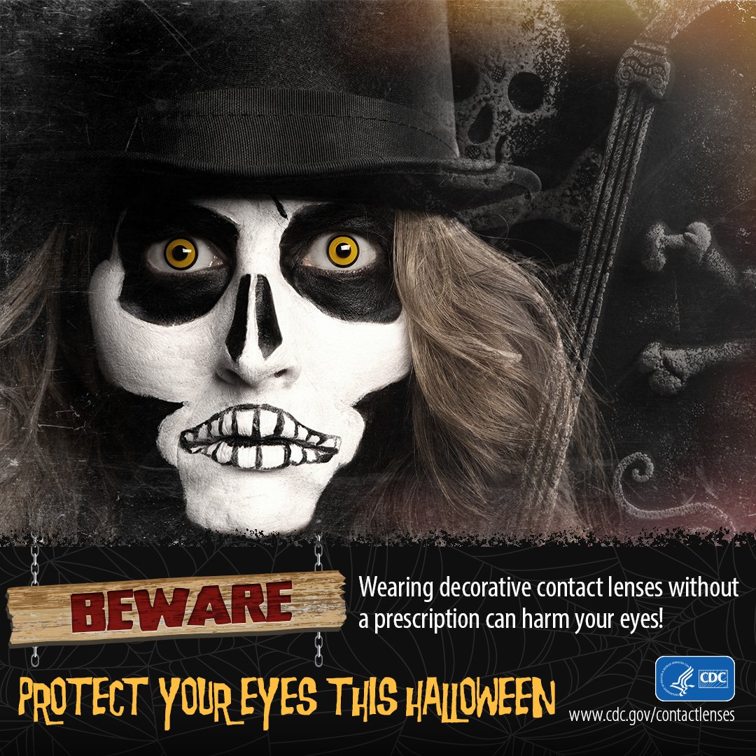 Don’t let an eye infection be the scariest part of your Halloween! 👀

Only purchase contact lenses with a prescription from a doctor.

#halloween #costume #contactlenssafety #eyecare #eyehealth