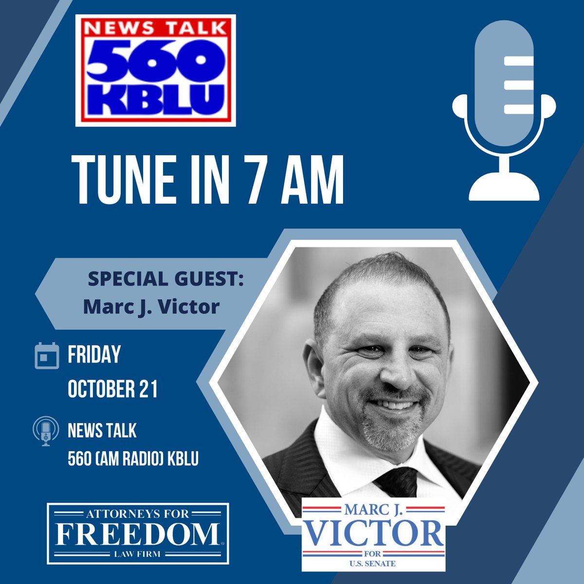 Victor4Senate's tweet photo. Tune in to listen to Marc J. Victor on News Talk 560 KBLU at 7am this Friday, October 21st.
#newstalk #azsenate22 #libertarian #politics #senaterace #marcvictor https://t.co/7JErVjyfiU