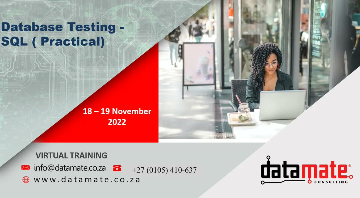 datamatesa's tweet photo. The database testing course covers SQL basics in order to help testers to perform backend testing. A quick overview can go a long way to making you feel more comfortable digging into its powerful capabilities. 
Visit Now: https://t.co/uyAySrvfpL
CALL:+27 (0105) 410-637
#sql https://t.co/HGN5mmJbTd