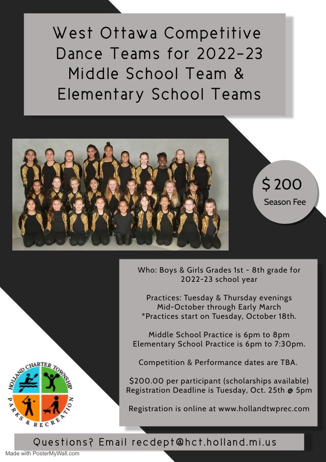 We still have space on our MIDDLE SCHOOL and ELEMENTARY SCHOOL Dance teams for the upcoming competitive season. 💃 

Interested? join us tomorrow at practice (Thursday, October 20th) @ 6:00pm at Mac Bay. Middle school goes until 8pm &amp; elementary until 7:30pm. 

#HollandTwpRec
