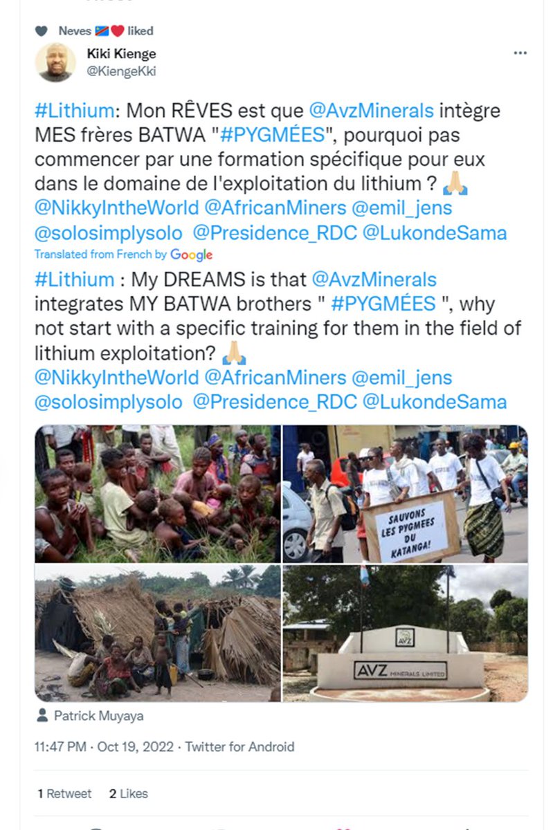 NikkyIntheWorld's tweet photo. @KiengeKki @AvzMinerals @AfricanMiners @emil_jens @solosimplysolo @Presidence_RDC @LukondeSama @PatrickMuyaya Would you put an email together & send to $AVZ Managing Director Nigel Ferguson with your suggestion...for🇨🇩 #BATWA #PYGMEES The team at @AvzMinerals r compassionate & receptive.
who knows what the reaction.
Youre post has already garnered compassion from the #Congolese brothers https://t.co/dLtDglklLw