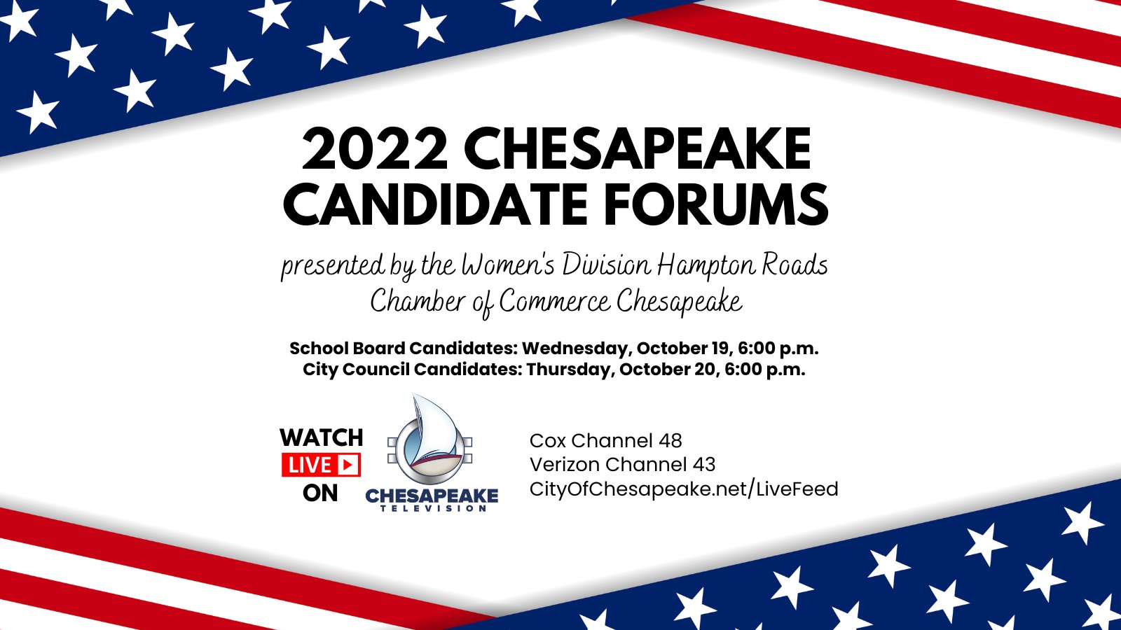City of Chesapeake on Twitter: "Chesapeake Television will be covering the  Chesapeake Candidate Forums tonight, October 19, and tomorrow, October 20.  The forums will air live each night at 6:00 p.m. on