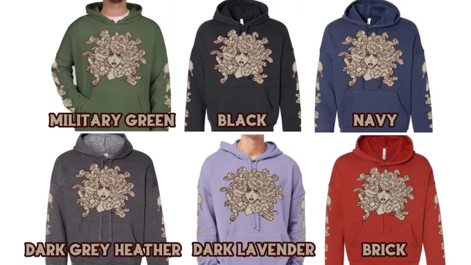 I was able to introduce some more colors for the MEDUSA Hoodies in both the cropped and pocket styles  Inventory isn't guaranteed but these options should be available for most sizes! 