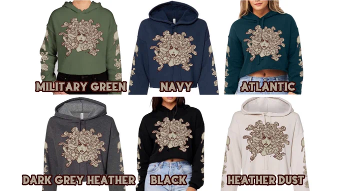 I was able to introduce some more colors for the MEDUSA Hoodies in both the cropped and pocket styles  Inventory isn't guaranteed but these options should be available for most sizes! 