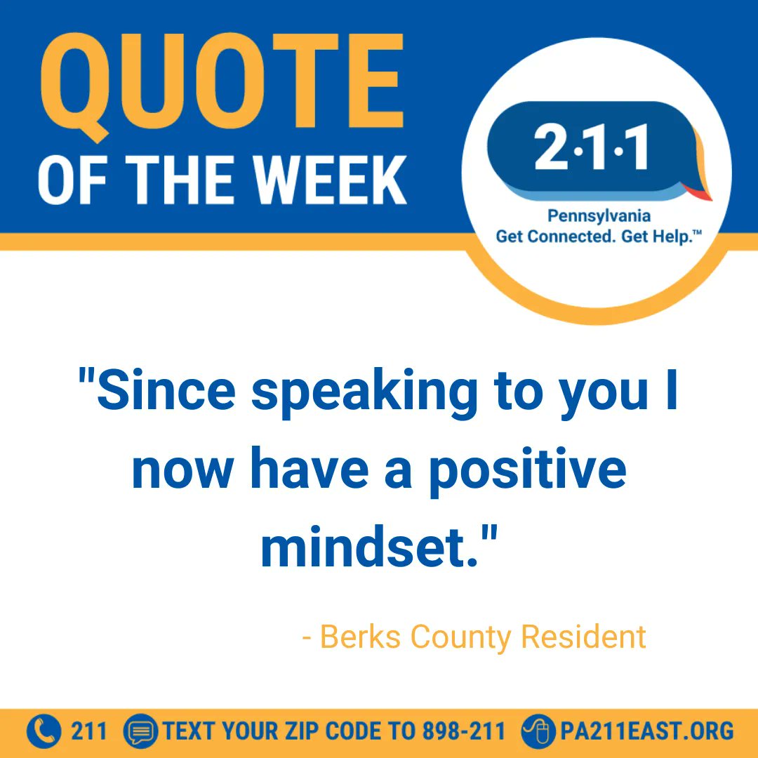 PA 211 East (@pa211east) on Twitter photo A great first step toward getting help is having a positive mindset; besides calling 211, of course!
Just #dial211, message or text your zip code to 898211 for help 24/7/365.
<a href="/uwberks/">United Way of Berks Co.</a> <a href="/SchUnitedWay/">SchuylkillUnitedWay</a> <a href="/UnitedWayLebCo/">United Way of LebCo</a> <a href="/UnitedWayGLV/">United Way of the Greater Lehigh Valley</a> <a href="/uwlanc/">United Way Lancaster</a> A great first step toward getting help is having a positive mindset; besides calling 211, of course!
Just #dial211, message or text your zip code to 898211 for help 24/7/365.
<a href="/uwberks/">United Way of Berks Co.</a> <a href="/SchUnitedWay/">SchuylkillUnitedWay</a> <a href="/UnitedWayLebCo/">United Way of LebCo</a> <a href="/UnitedWayGLV/">United Way of the Greater Lehigh Valley</a> <a href="/uwlanc/">United Way Lancaster</a>