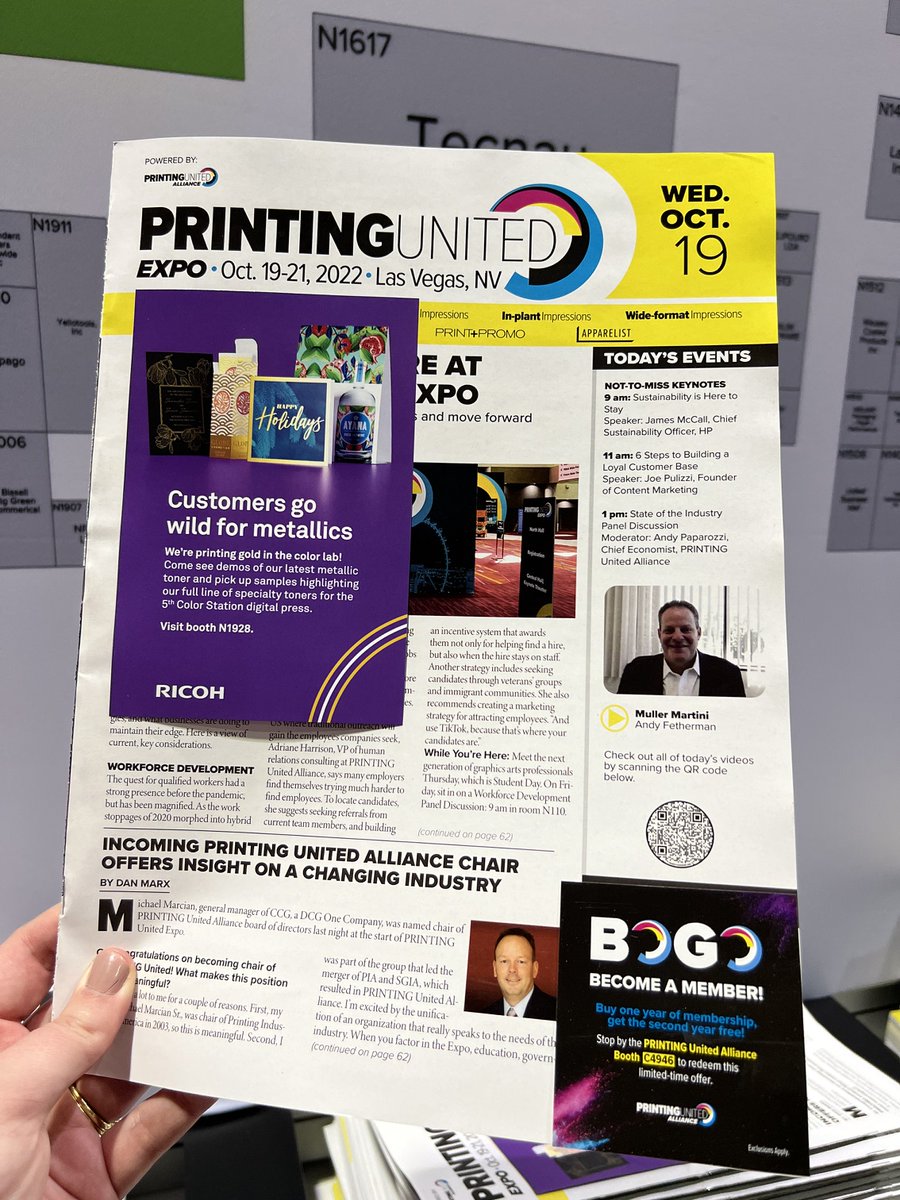 RicohUSAGC's tweet photo. #LookAtRicoh on the cover of your #PrintingUnited Show Daily and come to our booth N1928 to see our new #5thcolor metallic samples! https://t.co/2cFsrayo34