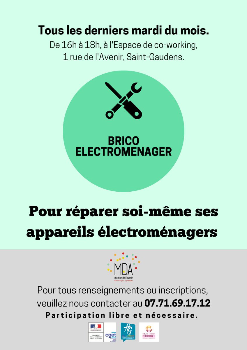 🆘 Besoin d'#apprendre à #diagnostiquer une panne sur votre appareil défectueux?

🗓Mardi prochain, le 25/10 de 16h à 18h, venez avec votre petit électroménager et #apprenez à le #réparer pendant l'atelier #bricoélectroménager😀🛠 🧰

👉Infos et inscription au 07 71 69 17 12