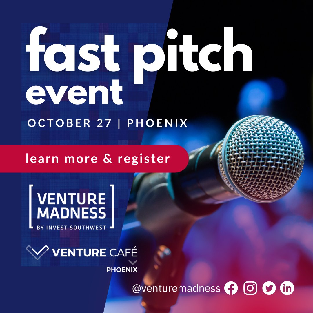 VentureMadness's tweet photo. Interested in helping fuel Arizona’s startup community? Join us in our year-round #madness at our Fast Pitch Event @ 5 pm 10/27. Seating is limited; register now: https://t.co/0iqOaIL6df
#investors #startups #venturemadness #VCPHX #BCBSAZ #yesphx #yesaz https://t.co/Lj5hmk7TQS