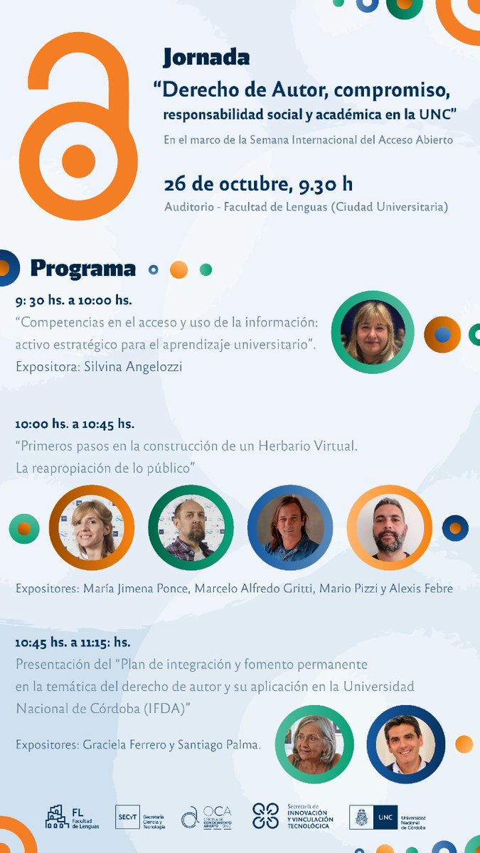 AccesoUNC's tweet photo. Jornada: Derecho de autor, compromiso, responsabilidad social y académica en la UNC

Fecha: 26 de octubre

Horario: 9:30 a 11:30 hs.

Lugar: Auditorio de la Facultad de Lenguas – Sede Ciudad Universitaria https://t.co/3MxsROwiR7