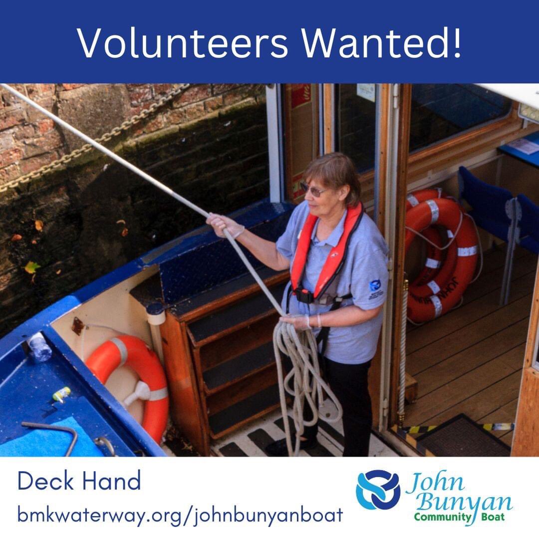 We're looking to recruit Deck Hands for the John Bunyan Boat. The job description includes;

If you'd like to find out more, head to

bmkwaterway.org/johnbunyanboat/

#volunteer #boat #bedford #bedfordriver #deckhand #boatcrew