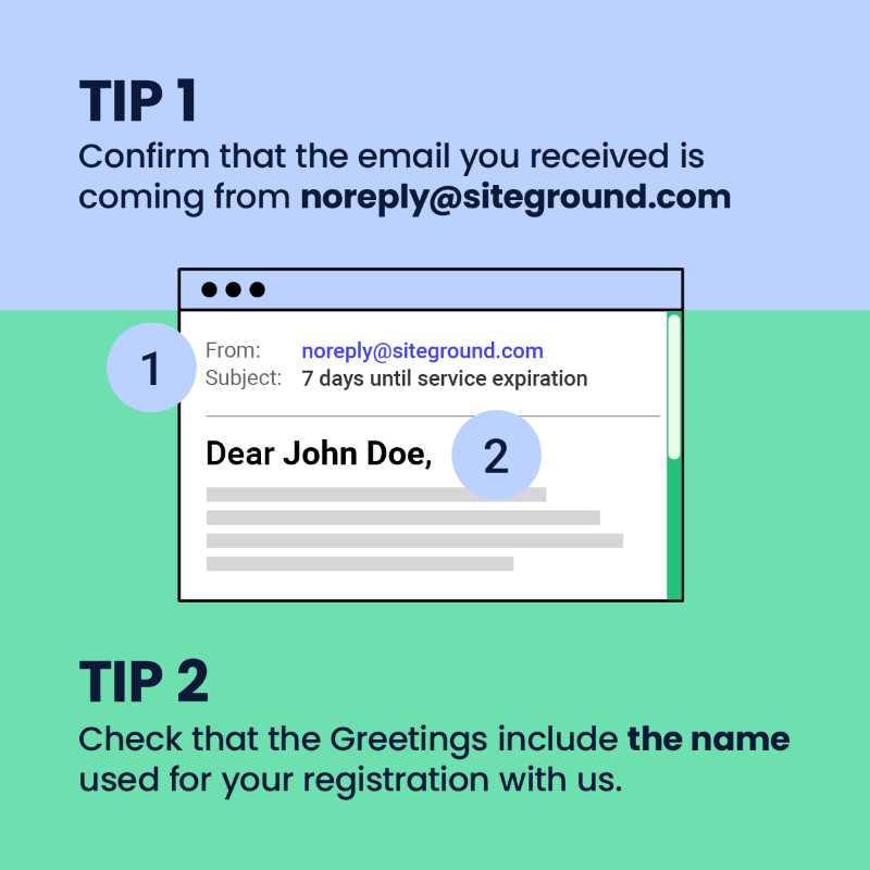 SiteGround's tweet photo. BEWARE OF PHISHING! 🛑
Although we work daily to ensure our SPAM protection rules filter unwanted emails, some clients still report fraudulent emails pretending to come from us. Take a look at these 6 tips so you can better recognize official SiteGround emails #CybersecurityMonth