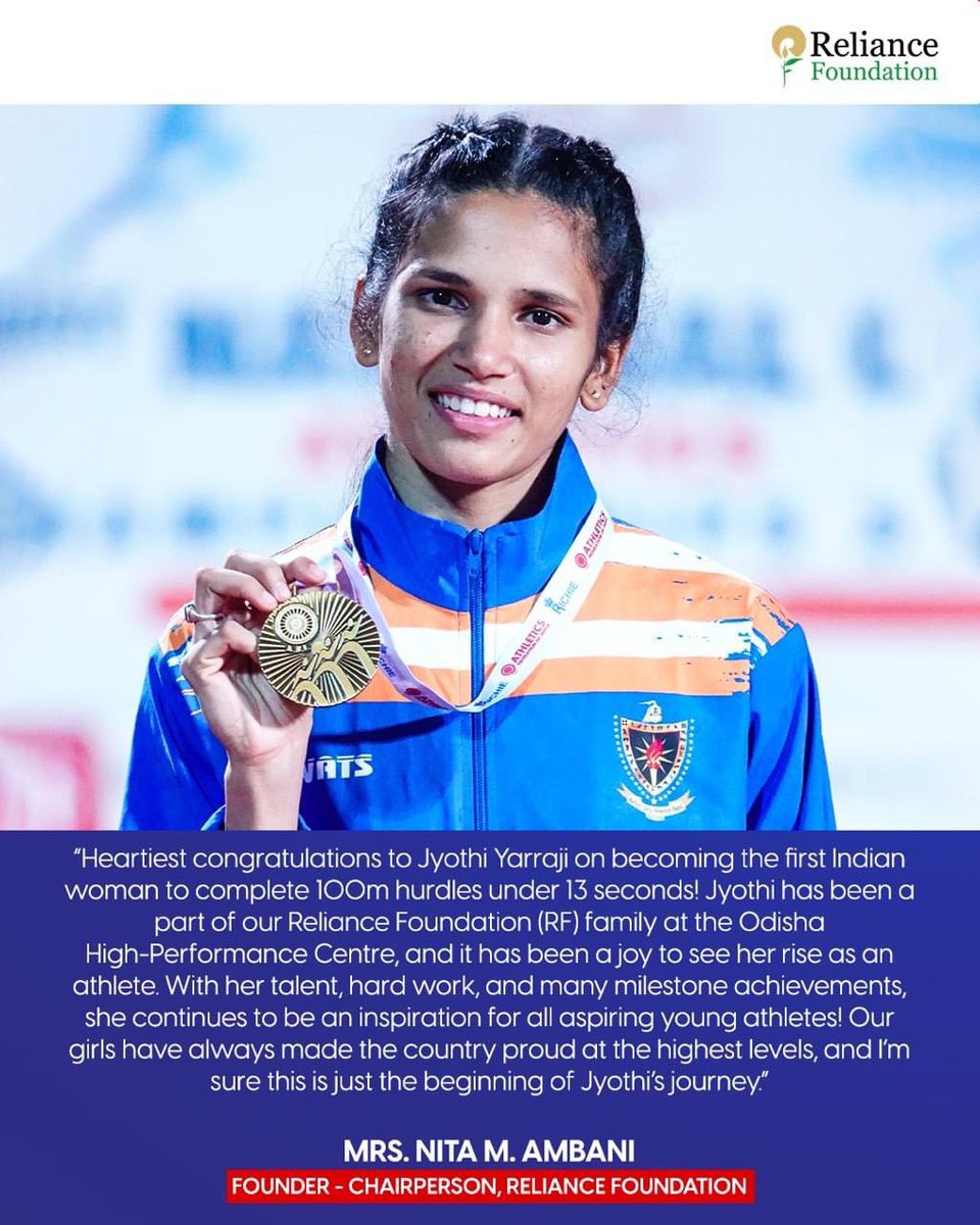 Some inspirational words from our wonderful visionary Chairperson Mrs Ambani.  Thanks to you and your vision we’re able to give the opportunity to athletes like <a href="/JyothiYarraji/">Jyothi Yarraji</a> and <a href="/amlanbg25/">Amlan Borgohain</a> to achieve their full potential. #reliancefoundation #Reliance #indianathletics #success