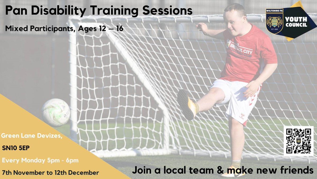 WCFA Youth Council (@wiltsfayc) on Twitter photo UPCOMING! 🔔
We are running Pan Disability Training Sessions in partnership with <a href="/DevizesYouthFC/">Devizes Town Youth Football Club</a>! ⚽️
If you are aged 12 - 16 and would like to attend, please scan the QR Code on the poster or click the link below:
docs.google.com/forms/d/e/1FAI… UPCOMING! 🔔
We are running Pan Disability Training Sessions in partnership with <a href="/DevizesYouthFC/">Devizes Town Youth Football Club</a>! ⚽️
If you are aged 12 - 16 and would like to attend, please scan the QR Code on the poster or click the link below:
docs.google.com/forms/d/e/1FAI…