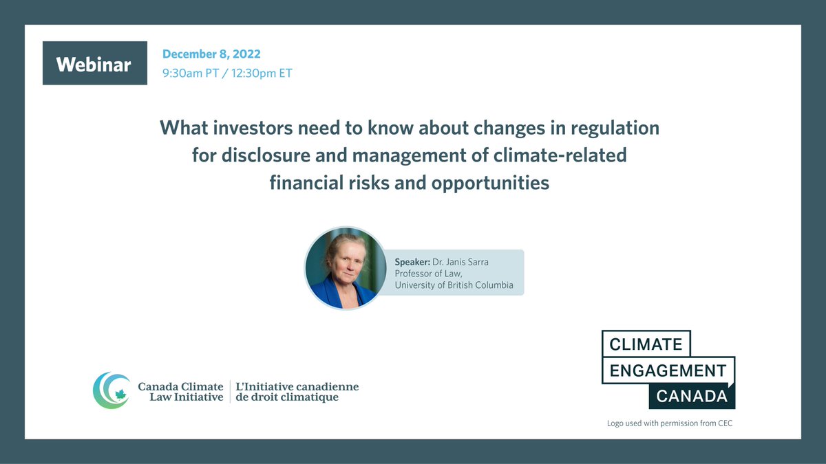 We invite investors to a webinar to discuss the 🇨🇦 and international legislation space, with a focus on climate-related financial disclosures and net-zero regulations at the federal level. Dec 8th 🌎🔥 us02web.zoom.us/webinar/regist… <a href="/RIACanada/">RIA</a> <a href="/CBL_AllardLaw/">Centre for Business Law at UBC</a> <a href="/AllardLaw/">Allard School of Law</a>