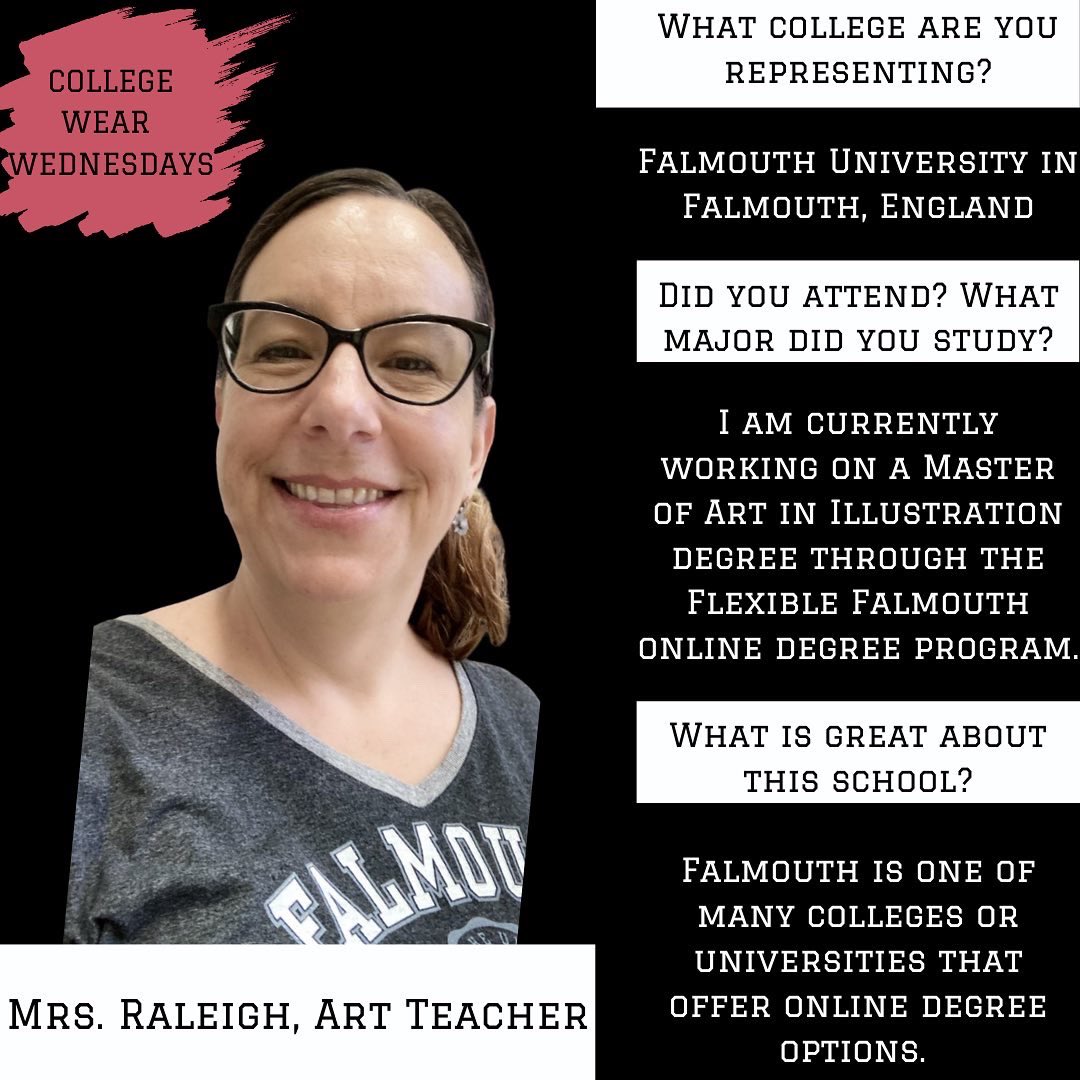 REVCareerCenter's tweet photo. It’s College Wear Wednesday! Today we are featuring Mrs. Raleigh, who is representing the University of Falmouth. @REVHSwildcats @RedlandsUSD https://t.co/u8v7DkPUgl