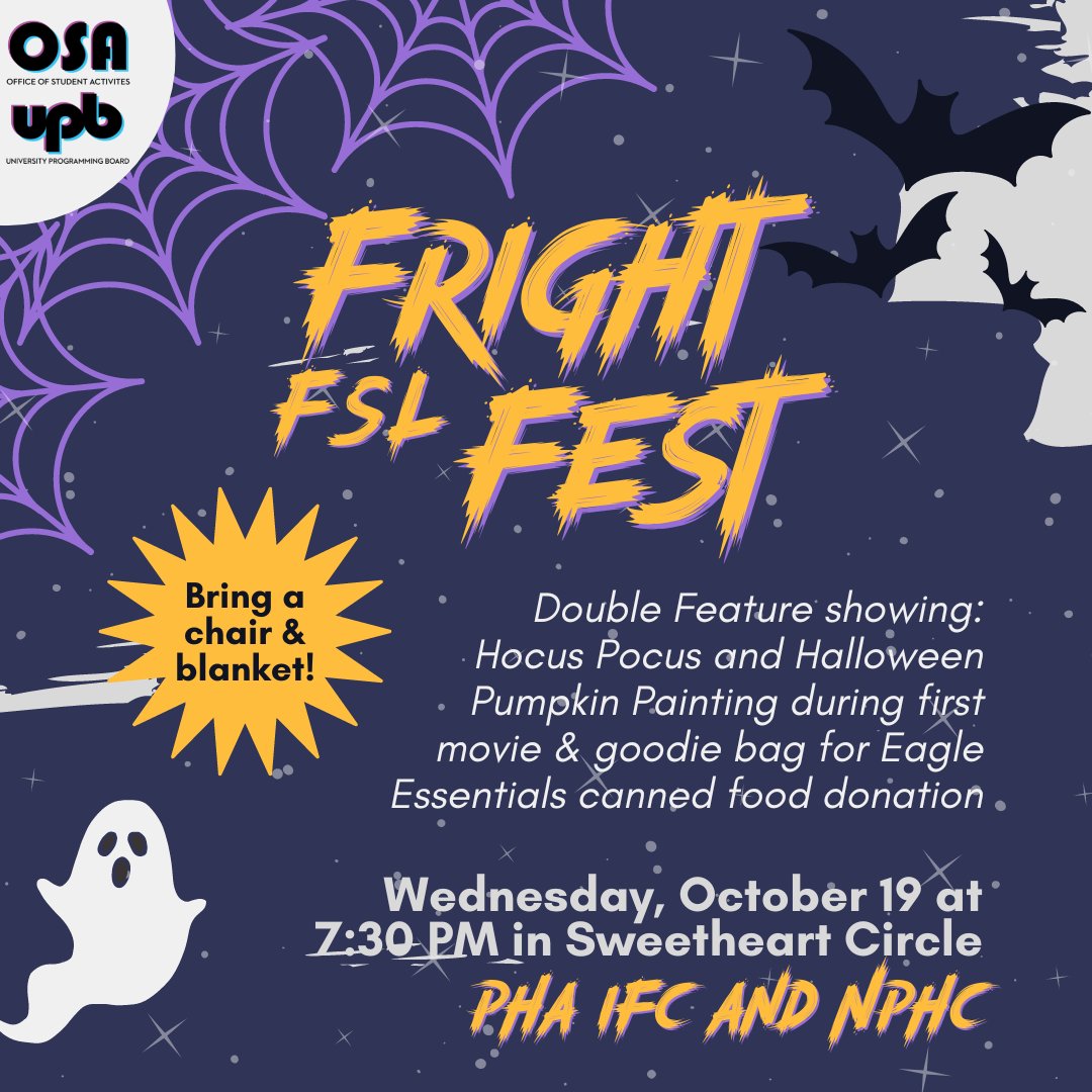 GSFSLife's tweet photo. Make sure you come out to the FSL Fright Fest taking place TONIGHT at 7:30 in Sweetheart Circle on the Statesboro Campus.

Come enjoy the double feature movie night! We will be showing Hocus Pocus and Scream. 

#GSFSLife #TrueBlue #TrueBoo #StatesboroCampus https://t.co/Yw2vRMvoyt