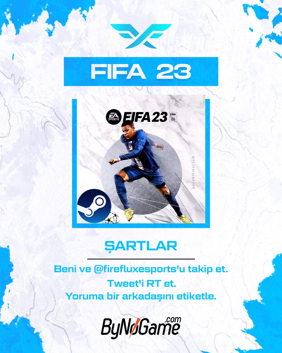 Herkese selam. @ByNoGame sponsorluğunda 1 şanslı takipçime FIFA 23(Steam) hediye ediyorum.

Yapmanız gerekenler;

🔷Beni ve <a href="/firefluxesports/">Fire Flux Esports</a>'u takip et. 
🔷Tweet'i RT et. 
🔷Yoruma bir arkadaşını etiketle. 

📆 Son katılım tarihi: 26.10.2022