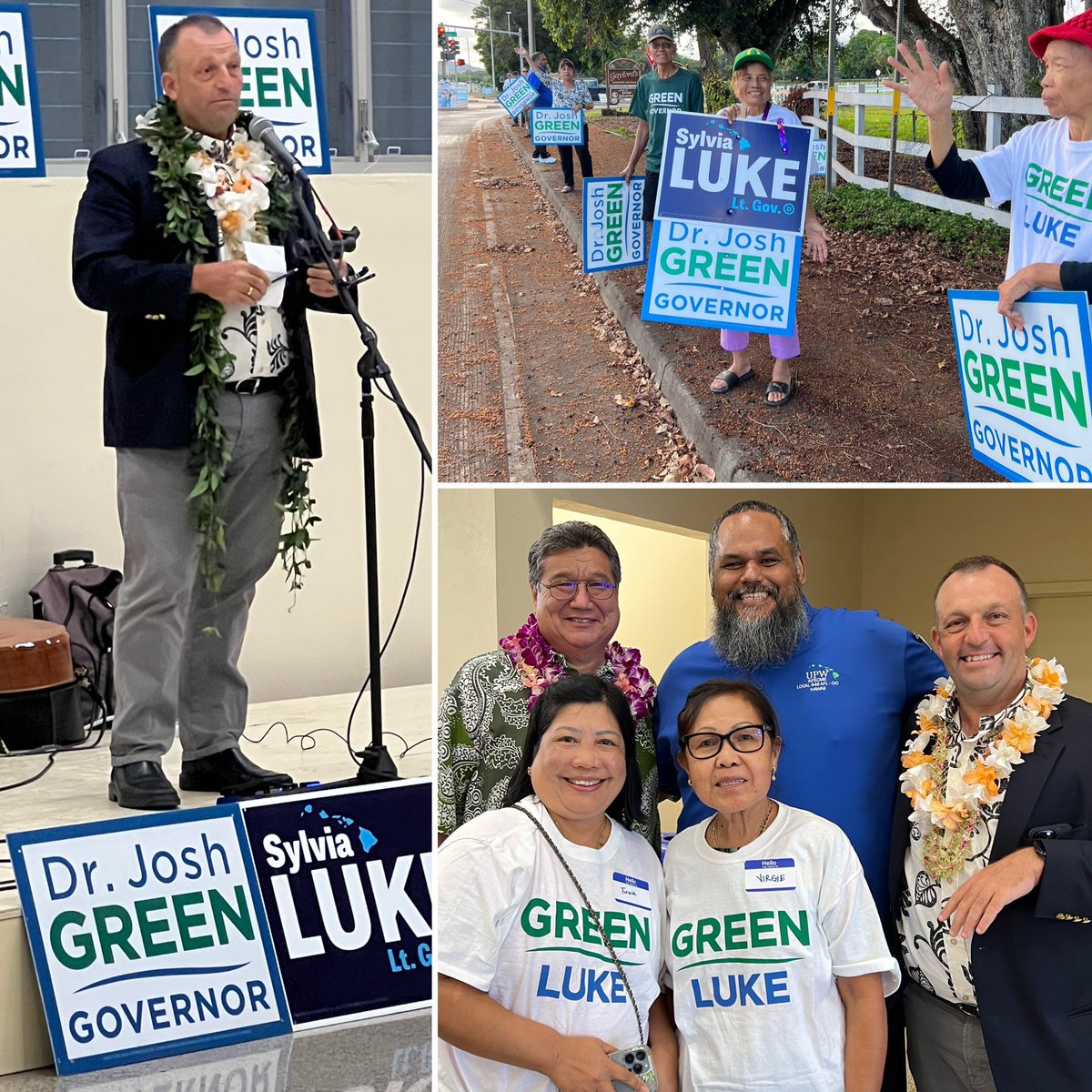 DrJoshGreen's tweet photo. Mahalo to all of our friends and supporters on #Kauai, with special thanks to Senate President @RonKouchi and UPW Director Kalani Werner!

#GreenLuke #TeamGreen https://t.co/Yoh422S05K