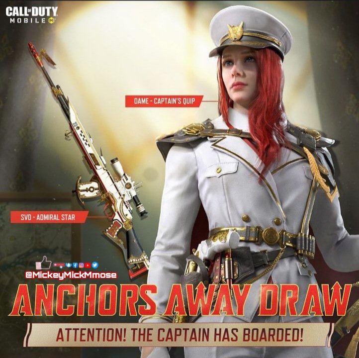 MickeyMickMmose's tweet photo. 🔥ANCHORS AWAY DRAW & DAME - CAPTAINS QUIP AND LEGENDARY SVD-ADMIRAL STAR has been changed to Friday, October 26, Server Global Lagarina is currently not available on Chinese servers.😕😩
#codmobilepart #CoDMobile https://t.co/5zNyliAl5y