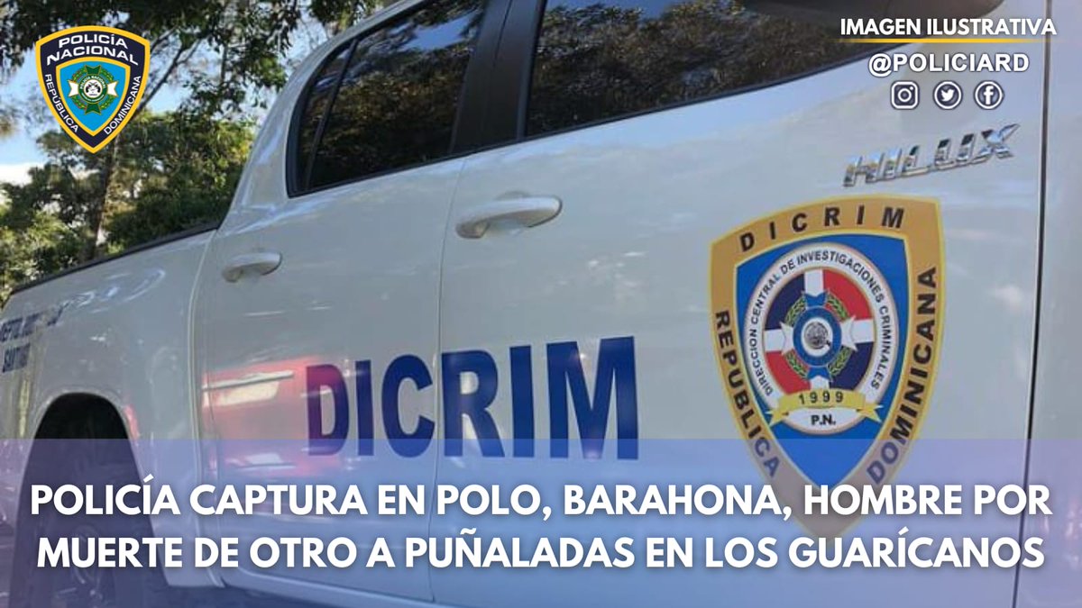 Agentes policiales adscritos a #DICRIM, capturaron en Polo (Barahona), a un hombre buscado por el homicidio de otro, a causa de múltiples heridas punzo cortantes, en un hecho ocurrido en el sector de Los Guaricanos, del municipio SDN. ➕️ bit.ly/3glmYm8 #PNenAcción