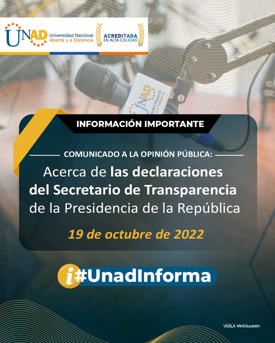 📌A propósito de recientes notas de prensa en las que se asegura que el proceso de elección a rector UNAD ha sido suspendido, este es el comunicado oficial 👉 bit.ly/3TDVAOF