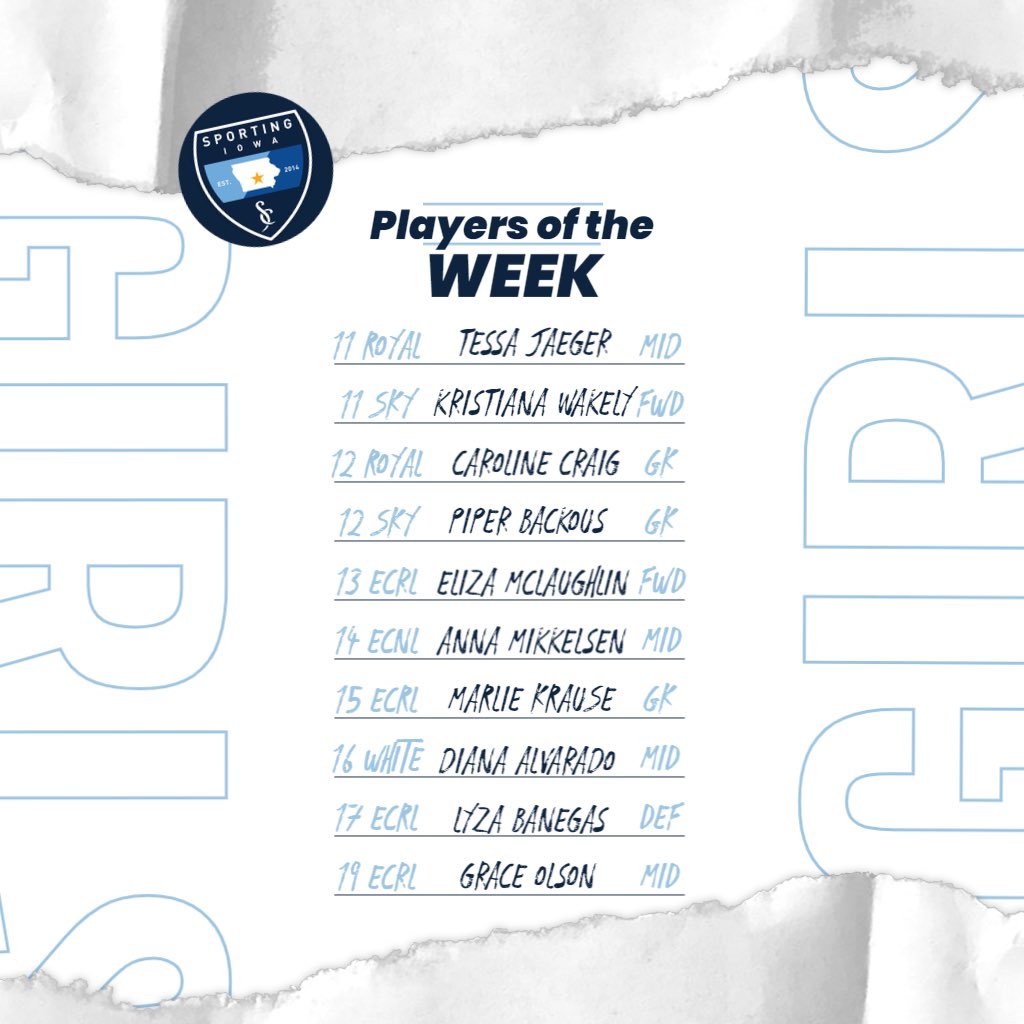 SportingIowa's tweet photo. We have our ninth Girls Players of the Week! Congrats to these girls on a great week! #SportingIowa #Family #Trust #Integrity #PlayersoftheWeek https://t.co/AgnVForXEW